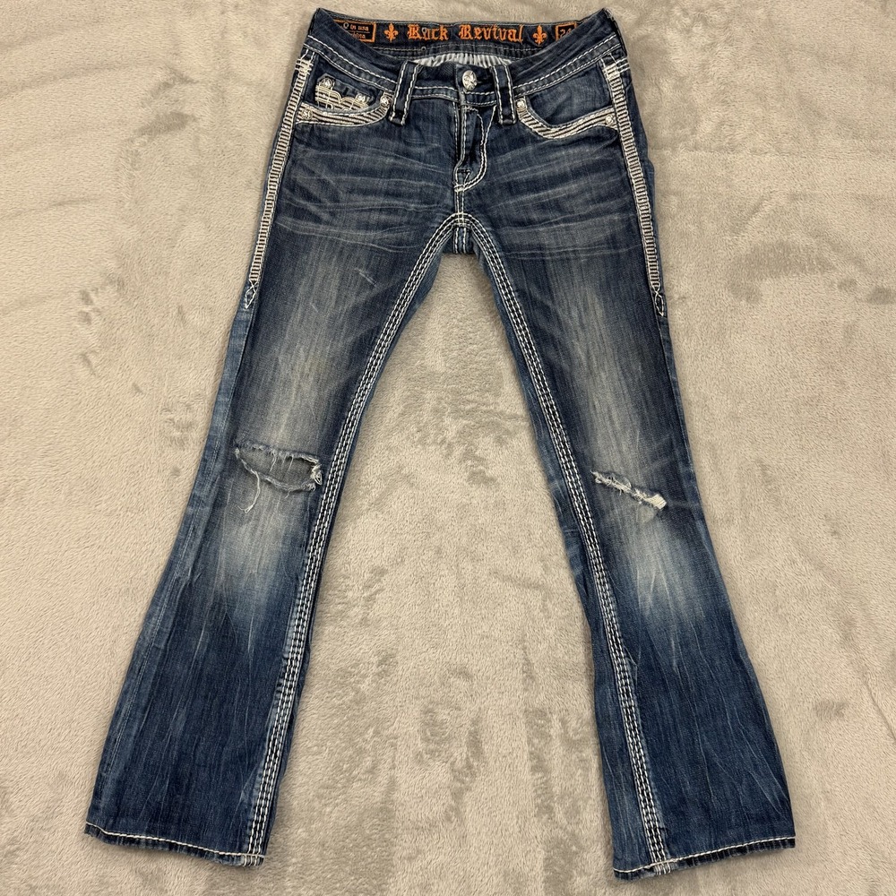 Rock Revival Kai Boot Fleur De Lis Pocket Jeans Size 24 Blue Stretch Embellished